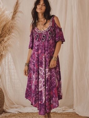 VINTAGE SHORELINE Cold Shoulder Hippie Midi Dress